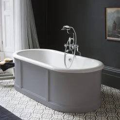 Burlington London 1800mm Double Ended Roll Top Bath with Curved Surround & Waste - Classic Grey